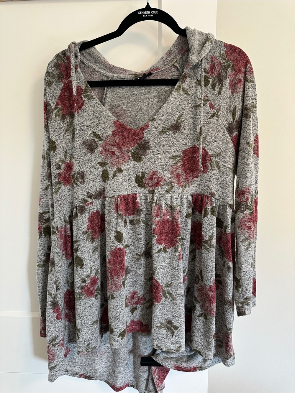 torrid Gray Hooded Babydoll Top with Pink Floral Print